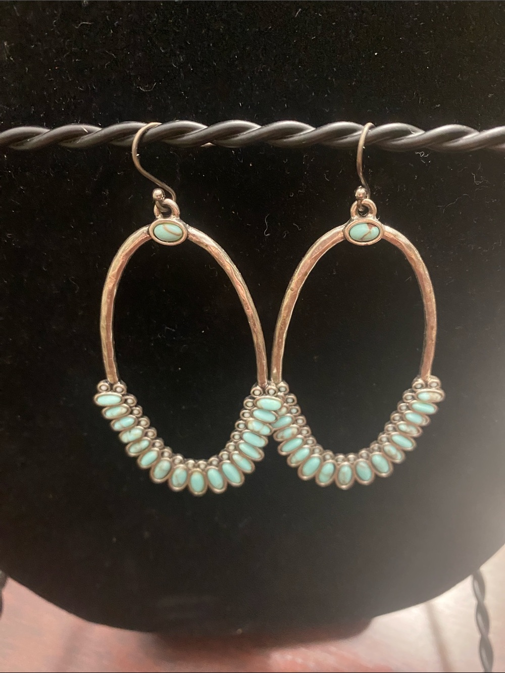 Turquoise Stone Accented Hammered Hoop Earrings - Women's Jewelry